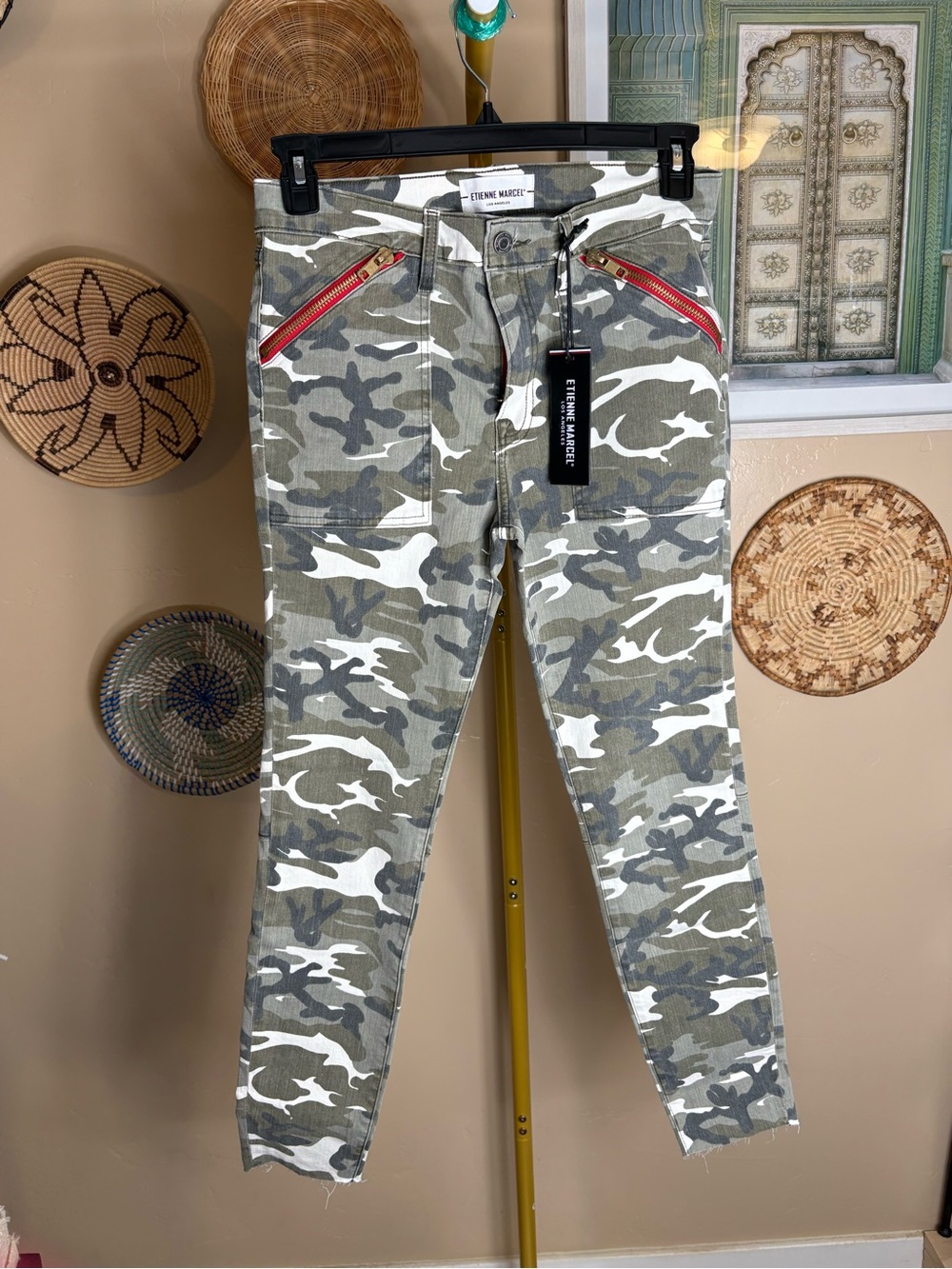 Women’s  Camo Cargo Pants with Red Zip Accents